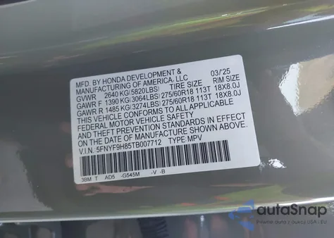 2026 Honda Passport Awd Trailsport Elite/Awd Trailsport Elite Blackout z USA, uszkodzony, nr VIN 5FNYF9H85TB007712